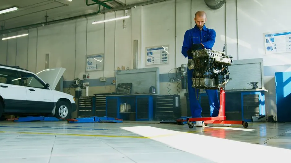 Mechanic working under the open bonnet of a car in a garage workshop